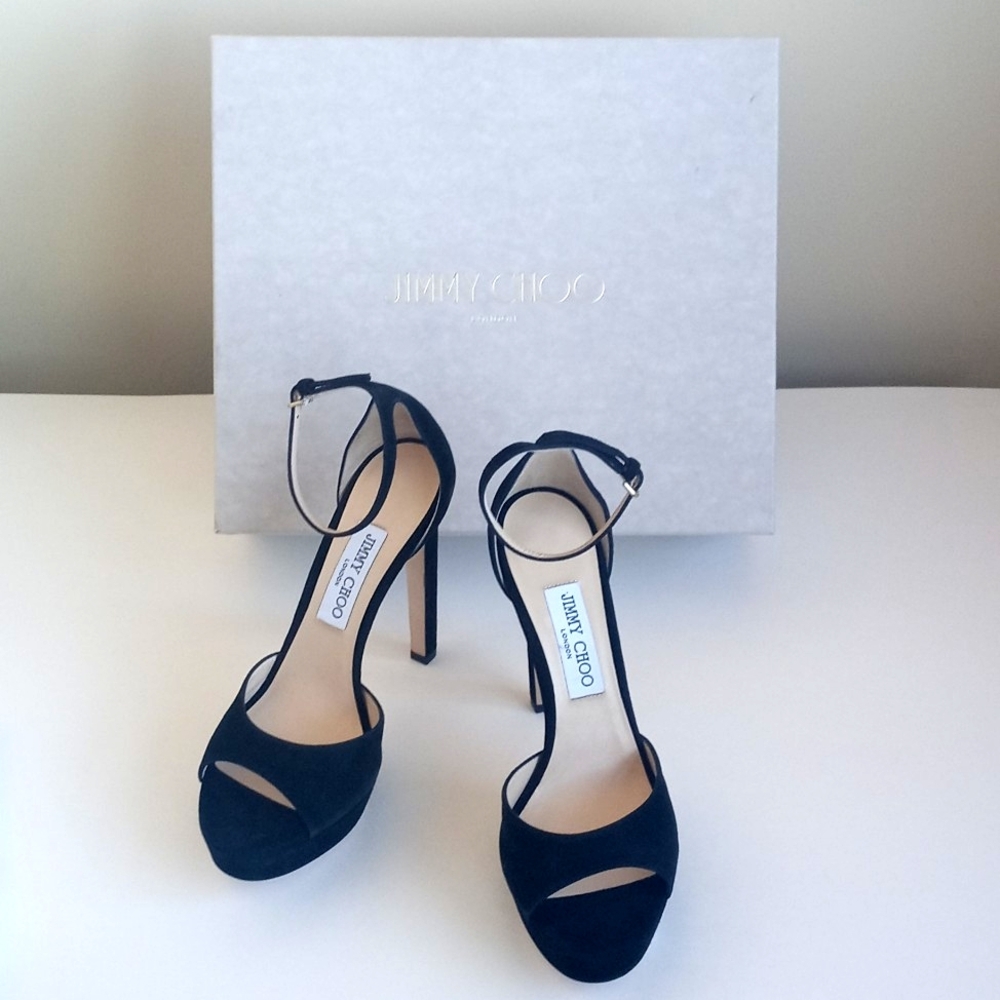 Jimmy Choo Black Suede Pattie Peep Toe Heels 39 (9) - Picture 6 of 16